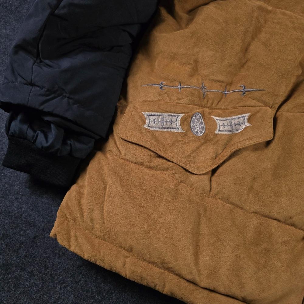 Vtg Bogner Suede Puffer Jacket Tan Black Western Embroidered Aspen Size 44 (L) - Picture 11 of 16